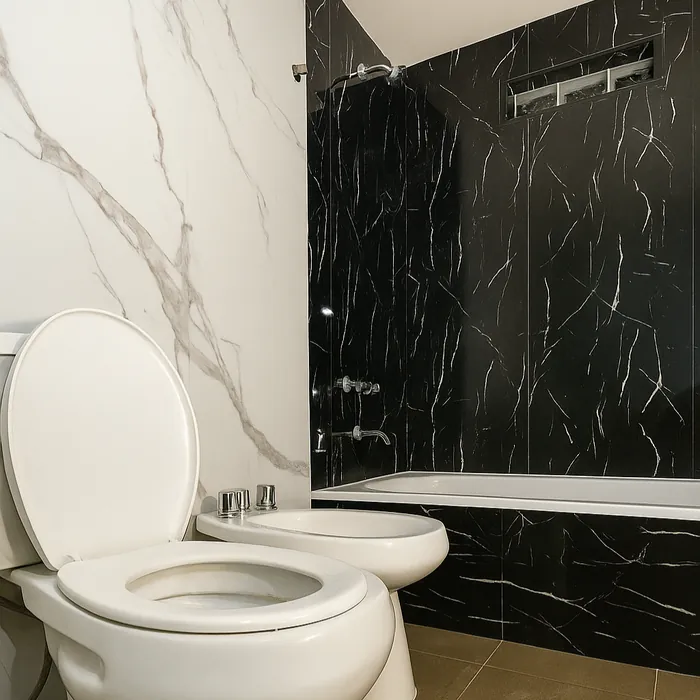 Baño con paneles símil mármol negro
